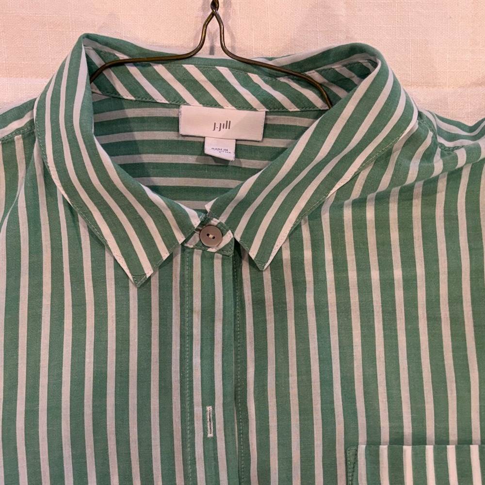 J. Jill Green and White Vertical Stripe Button-Down Shirt